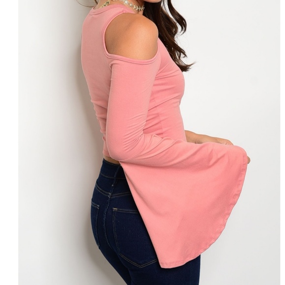 Tops - Fitted Bell Sleeve Cold Shoulder Cropped Top